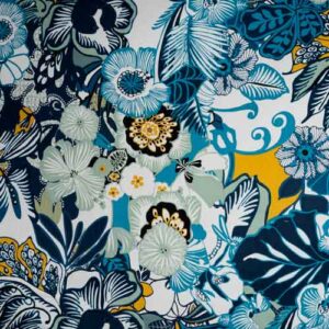 tela de algodón elástico con estampado de flores azules