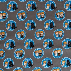tela de algodón con fondo gris sobre el que se muestra estampado de los famsosos personajes de stars wars
