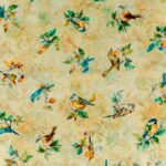 tela pájaros fondo amarillo algodón