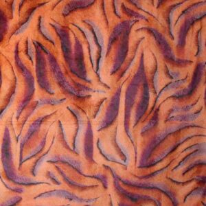 Tela de terciopelo elástico con estampado en tonos naranjas y púrpura