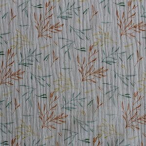 Tela de doble gasa estampada con ramilletes en tonos verde, teja y amarillo – Algodón 100% ideal bebé