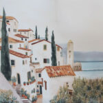 Panel de tela bielástica con estampado de paisaje de casas – Ideal para vestidos y faldas largas - Imagen 4