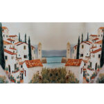 Panel de tela bielástica con estampado de paisaje de casas – Ideal para vestidos y faldas largas