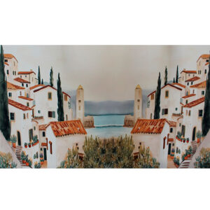 Panel de tela bielástica con estampado de paisaje de casas – Ideal para vestidos y faldas largas