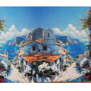 Tela panel estampado paisaje mediterráneo con casas blancas – Ideal para vestidos y faldas
