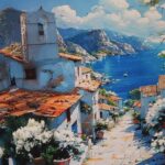 Tela panel estampado paisaje mediterráneo con casas blancas – Ideal para vestidos y faldas - Imagen 3