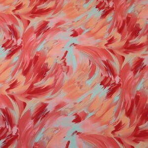 Tela bielástica estampada en tonos azul agua, coral y frambuesa – Ideal para vestidos, faldas y prendas cómodas