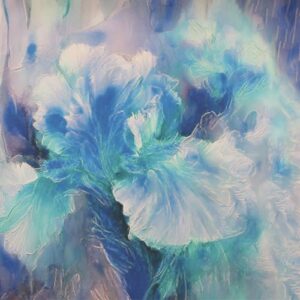 Tela satinada estampada hojas tipo pluma en tonos azules